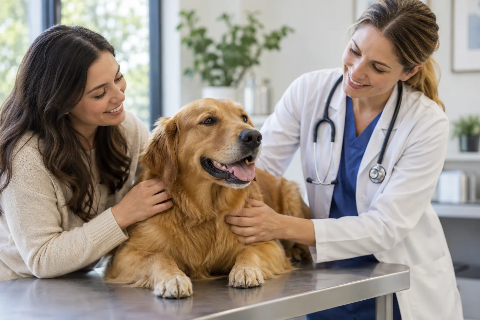 Veterinarian speaking with an owner beside a golden-colored dog