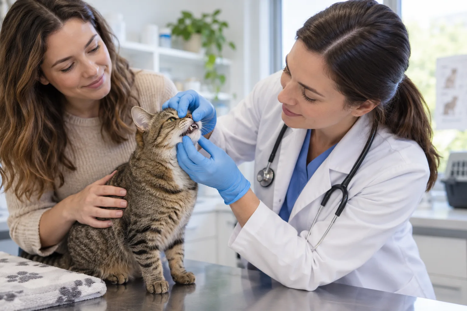 Veterinarian examining a tabby cat held by its owner